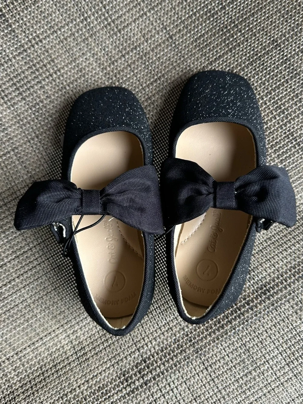 Cat & Jack Black Glitter Bow Ballet Flats - Girls Size 7 NWT